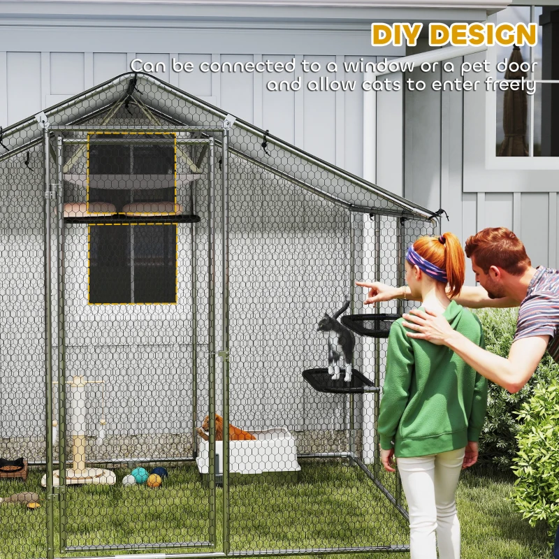 PawHut Large Catio Outdoor Cat Enclosure with Waterproof Cover, Walk-in Cat Patio w/ 5 Adjustable Platforms & Hammock 94.5" L