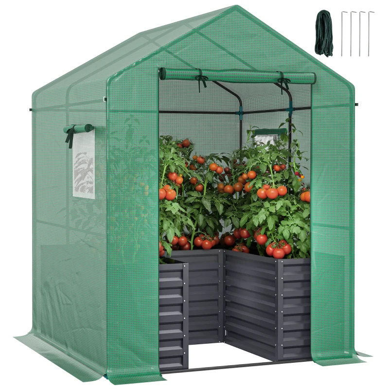 Outsunny Greenhouse with Raised Garden Bed, Galvanized Steel Outdoor Greenhouse with Roll Up Door, 56" x 56" x 75", Dark Gray