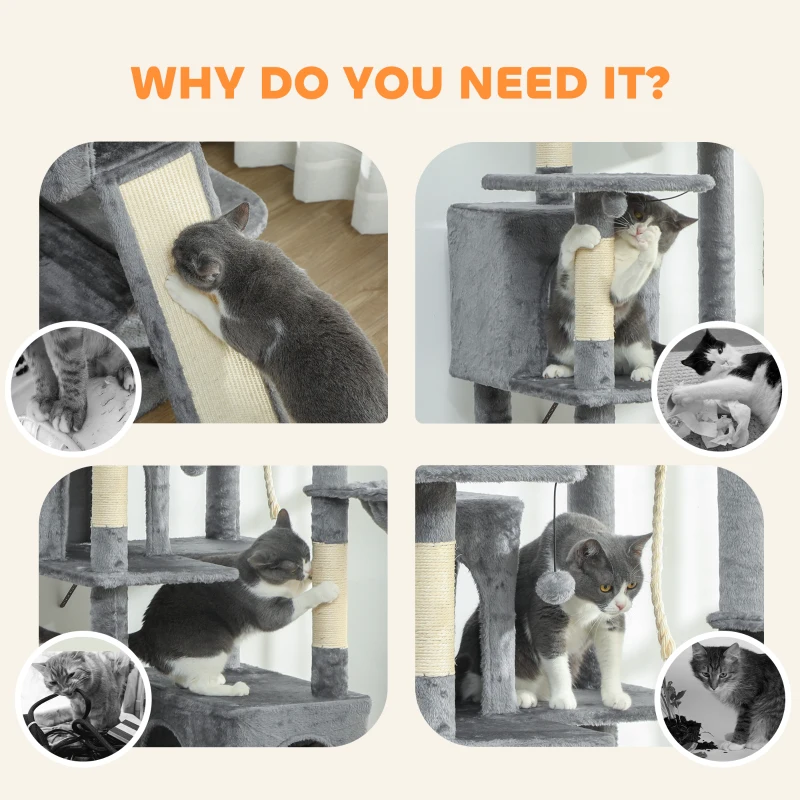 PawHut 69" Cat Tree, Multi-Level Cat Tower with 2 Condos and 3 Hammocks, 8 Scratching Posts, for Multiple Cats, Dark Gray