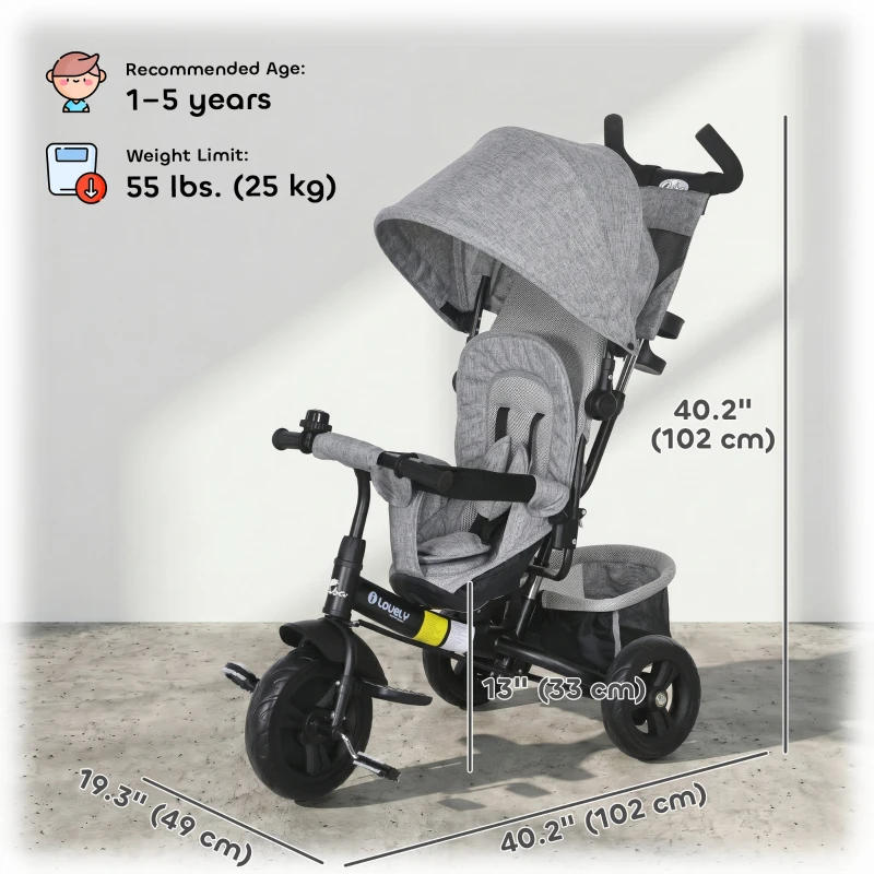 Qaba 6 in 1 Tricycle for Toddler 1-5 Years with Parent-Push Handle, Grey