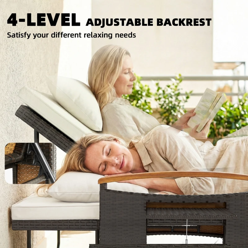 Outsunny Rattan Outdoor Daybed w/4-Level Adjustable Backrest, Patio Sofa Bed w/Storage Ottoman, Acacia Wood Armrest, Beige