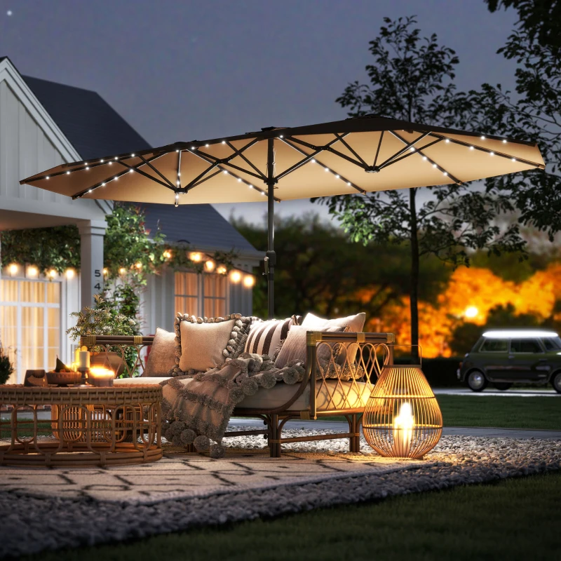 Outsunny Garden Parasol, Double-Sided Sun Umbrella with LED Solar Lights, Patio Parasol for Outdoor, Coffee