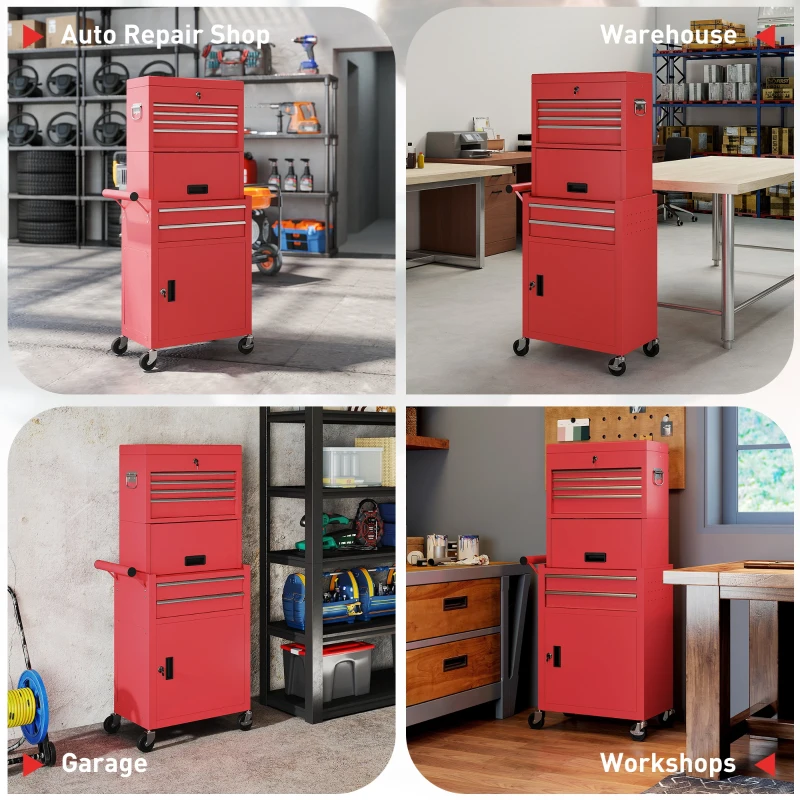 HOMCOM Large Tool Cabinet, 3-in-1 Rolling Tool Chest, Detachable Tool Storage Organizer with 6 Drawers and Pegboard, Red
