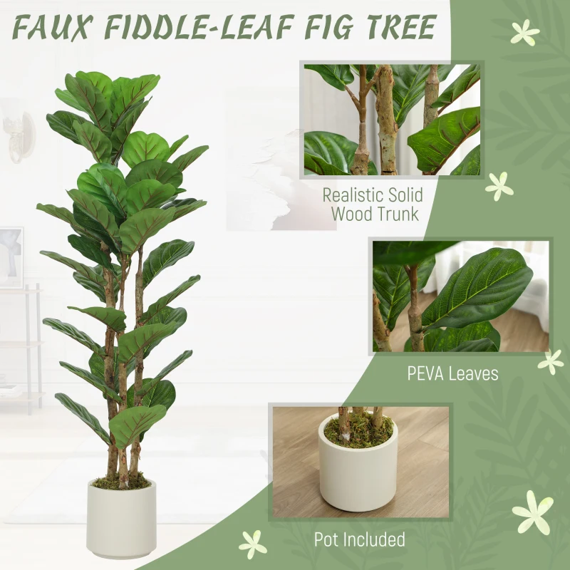 HOMCOM 4FT Artificial Fiddle Leaf Fig Tree Set of 2, Fake Potted Tree with Solid Wood Trunks for Indoor Decor, Green