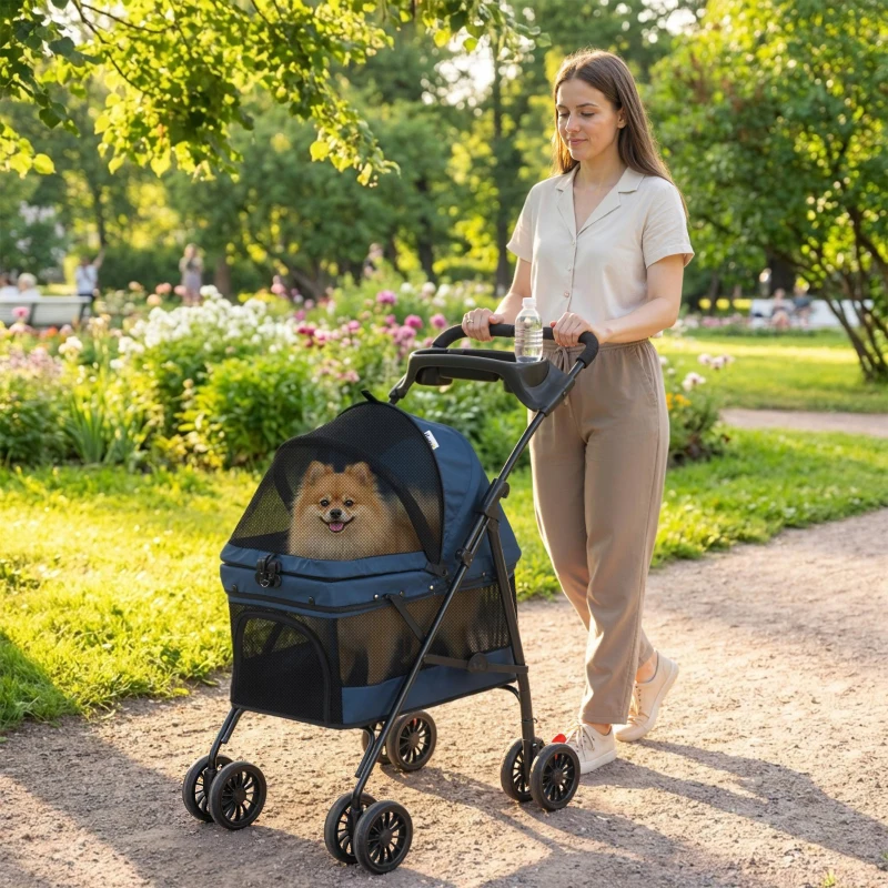 PawHut Foldable Pet Stroller for Small Dogs and Cats with 4 Wheels, Mesh Windows, Brake, Removable Pad, Storage Tray, Dark Blue
