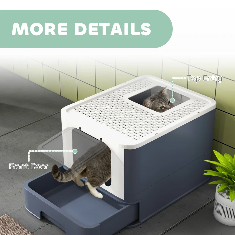PawHut Cat Litter Box with Lid, Scoop, Front Entry, and Top Exit for Large Cats, White