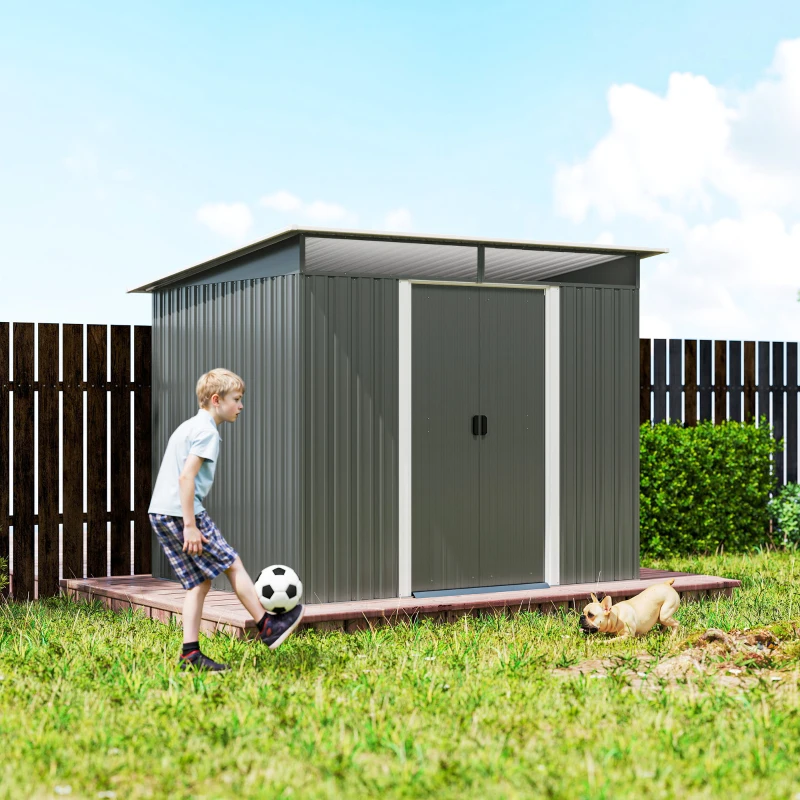 Outsunny 9' x 6.5' Outdoor Metal Garden Shed Utility Tool Storage Steel Backyard House, Dark Grey