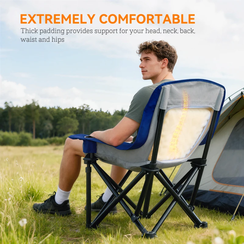 Outsunny Camping Chair for Adults, Portable Folding Camping Chair with Side Pockets, Cup Holders, Carry Bag, Blue and Gray