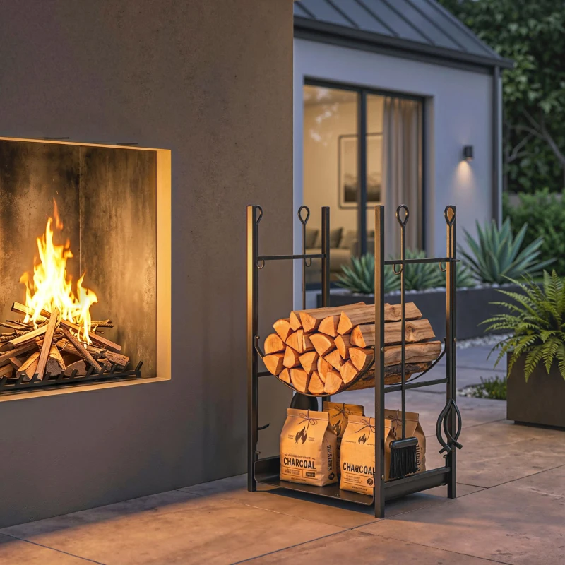 Outsunny Firewood Rack with Fireplace Tools, Indoor Outdoor Firewood Holder, Flat Bottom with 2 Tiers for Fireplace, Wood Stove, Hearth or Fire Pit, Black