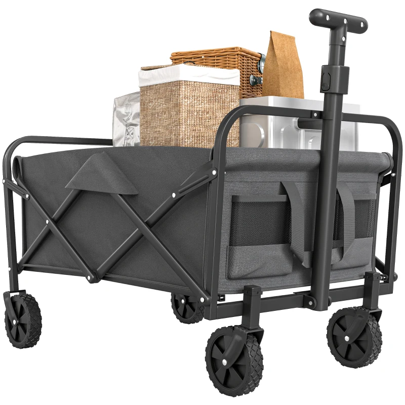 Outsunny Collapsible Folding Garden Cart, Heavy Duty Lawn Wagon with Universal Wheels and Adjustable Handle, Grey