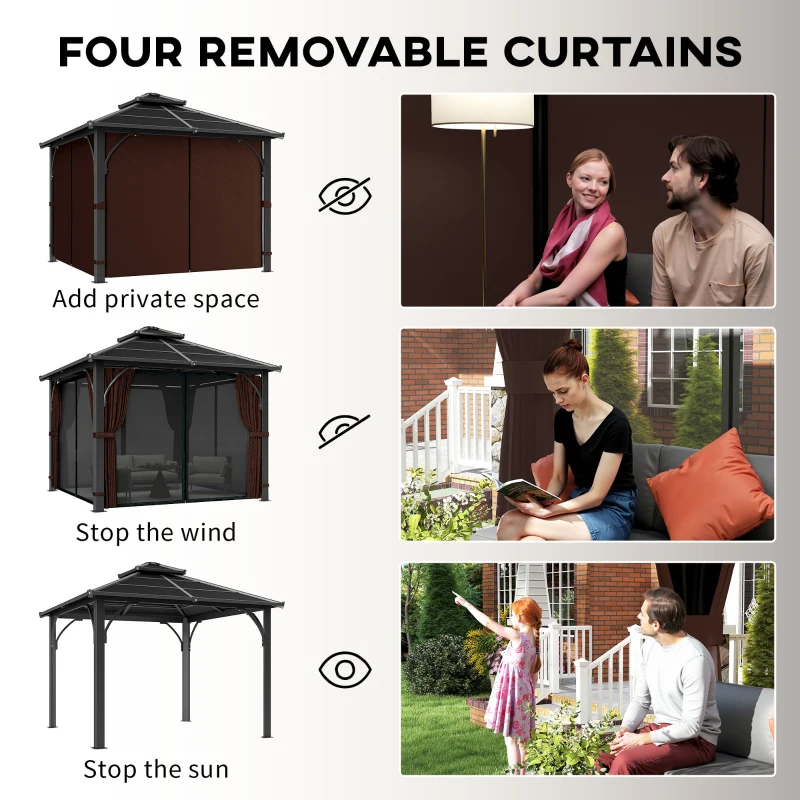 Outsunny 10' x 10' Hardtop Gazebo with 7mm Polycarbonate Double-Tier Roof, Outdoor Gazebo with Netting and Curtains, Coffee
