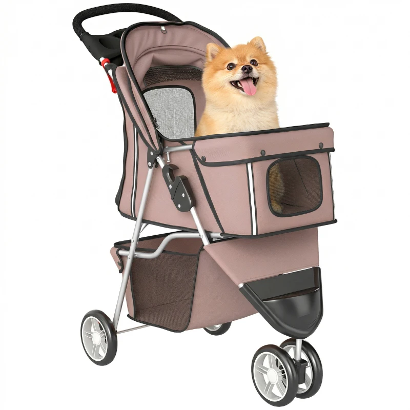 PawHut 3 Wheels Foldable Dog Stroller with Storage Basket, Adjustable Canopy, Cupholder for Miniature and Small Dogs, Coffee