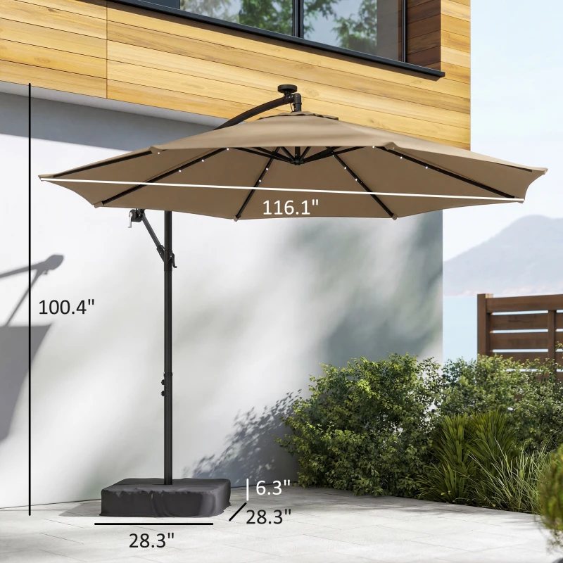 Outsunny 10 ft Cantilever Patio Umbrella with Light, Weight, Offset Hanging Outdoor Umbrella with Protective Cover, Tan