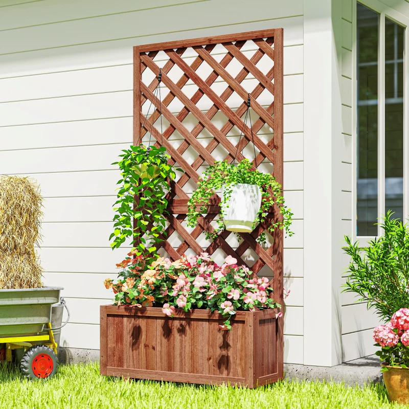 Outsunny Wooden Raised Garden Bed, Raised Planter Box, Planter with Trellis for Climbing Plants Flowers, Orange