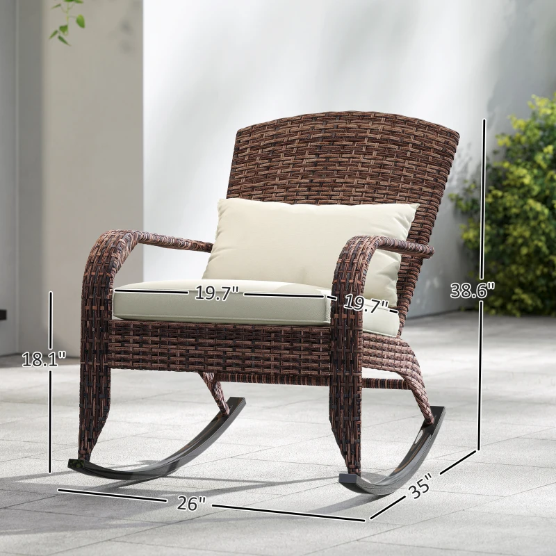 Outsunny Adirondack Chair, Outdoor Wicker Rocking Chair with High Back, Seat Cushion, and Pillow for Porch, Balcony, Cream White