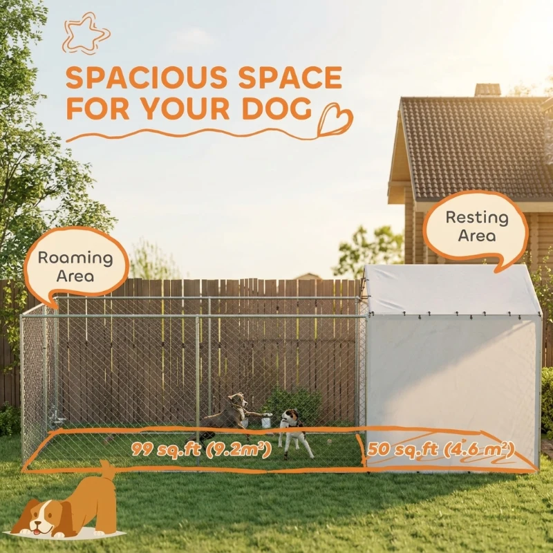 PawHut Galvanized Chain Link Large Outdoor Dog Kennel with Waterproof & UV-Resistant Cover, for M&L Dogs, 19.7' x 7.5' x 7.5'