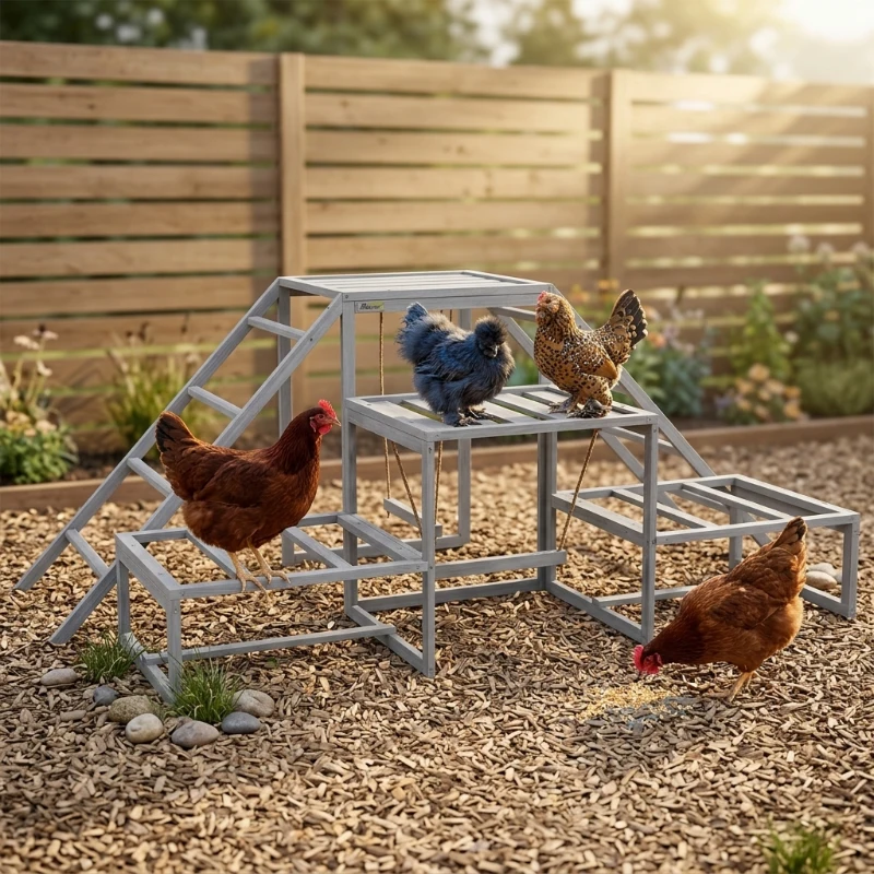 PawHut Chicken Roost Toys for Chickens Hens, Coop Accessories with Wood Stand, Ladder Platforms, for 10-15 Chickens