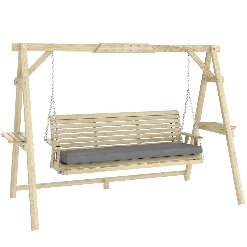 Outsunny 3 Seat Wooden Porch Swing with Stand, Patio Swing with Cushion, for Garden, Poolside, Backyard, Natural Wood