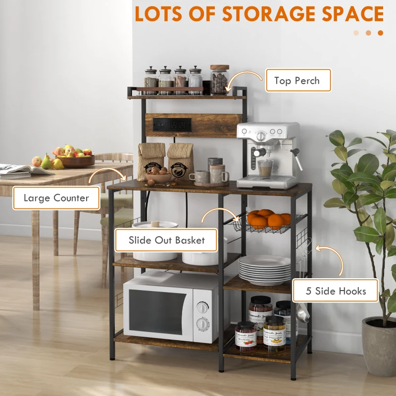 HOMCOM Kitchen Bakers Rack with Charge Station, Industrial Microwave Stand with Adjustable Shelf, 5 Hooks, Wire Basket