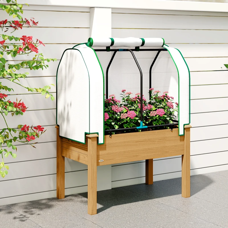 Outsunny Raised Garden Bed with PE Greenhouse Cover Outdoor Planter Box for Herbs and Vegetables, 35 x 22 x 47 inch, Sand