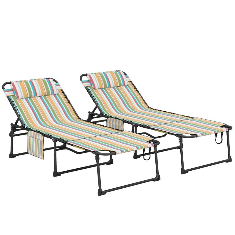 Outsunny 2 Piece Folding Chaise Lounge Pool Chairs with 5-level Reclining Back, Reading Hole, Side Pocket, Rainbow Striped