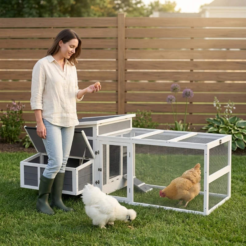 PawHut Wooden Chicken Coop with Nesting Box, Pull Out Tray, Run, Perches, Ramp, Windows for 6 Chickens, Dark Gray