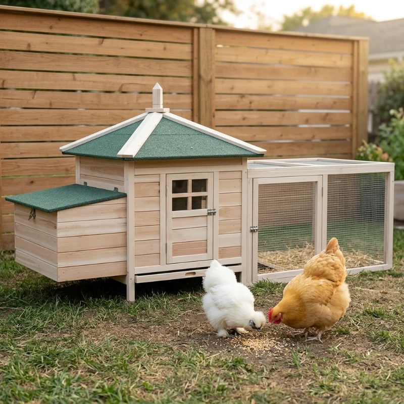 PawHut 77" Wooden Chicken Coop with Nesting Box, Cute Outdoor Hen House with Removable Tray, Ramp Run, for Garden Backyard, Natural