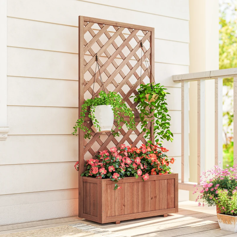 Outsunny Wooden Raised Garden Bed, Raised Planter Box, Planter with Trellis for Climbing Plants Flowers, Orange