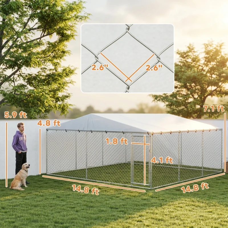 PawHut 15' x 15' x 7' Dog Kennel Outdoor for Small Medium Large Dogs with Waterproof Roof, Silver