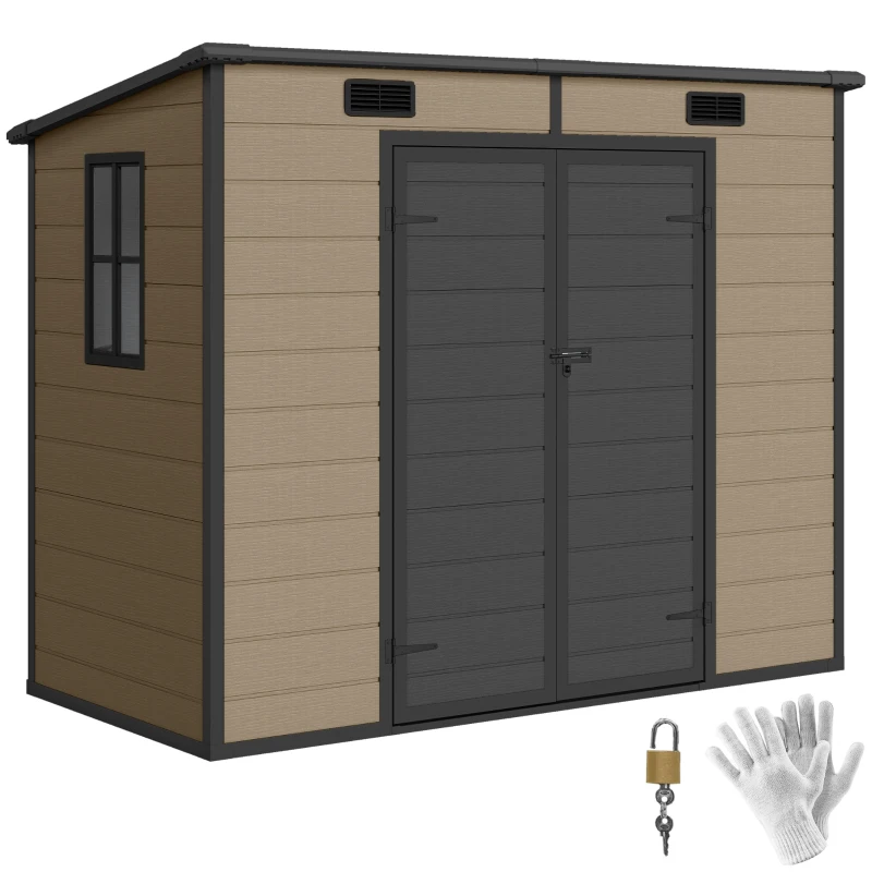 Outsunny 8' x 4' Plastic Outdoor Storage Shed with Floor, Window, Lockable Doors and Vents for Backyard Patio Lawn, Light Brown