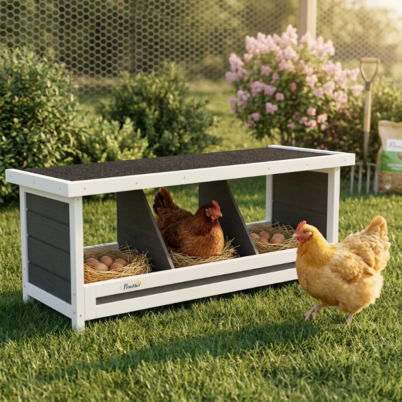 PawHut Wood Nesting Boxes Chicken Coop Accessories for Up to 3 Chickens, with Asphalt Roof, Gray