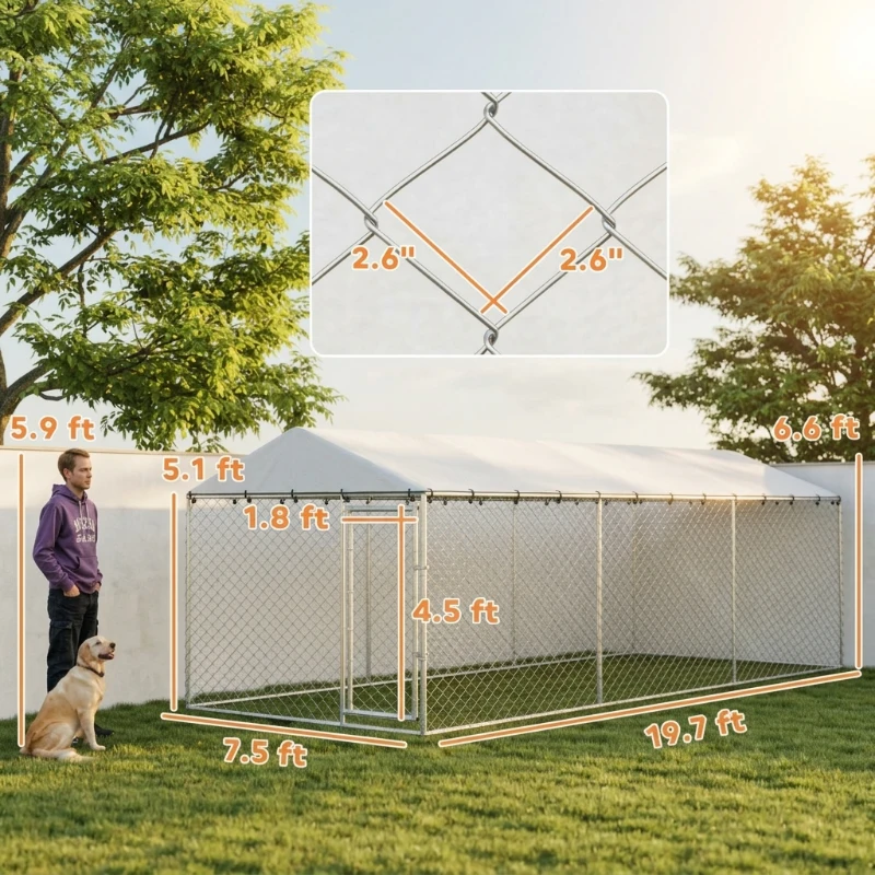PawHut 20' x 7.5' x 6.5' Dog Kennel Outdoor for Small Medium Large Dogs with Waterproof Roof, Silver