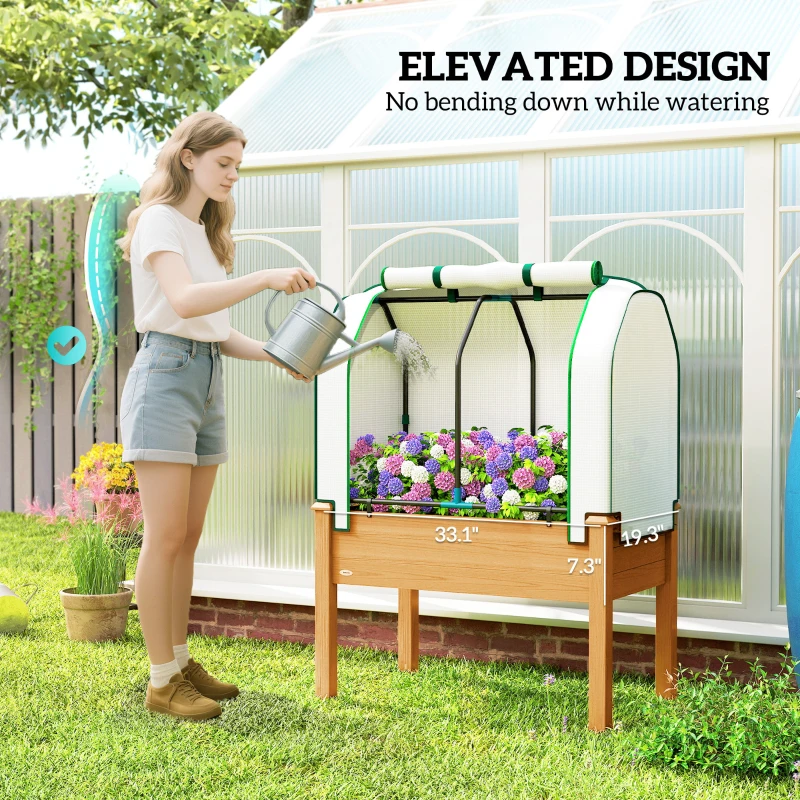 Outsunny Raised Garden Bed with PE Greenhouse Cover Outdoor Planter Box for Herbs and Vegetables, 35 x 22 x 47 inch, Sand