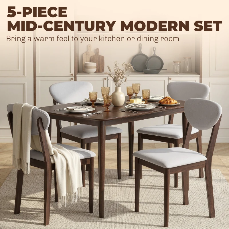 HOMCOM 5-Piece Dining Table Set for 4, Mid-Century Modern Kitchen Table and Chairs, Light Gray