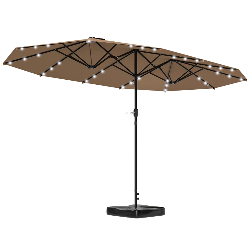 Outsunny Garden Parasol 14.4 ft. Double-Sided Sun Umbrella with Base, Patio Parasol with LED Solar Lights, Khaki