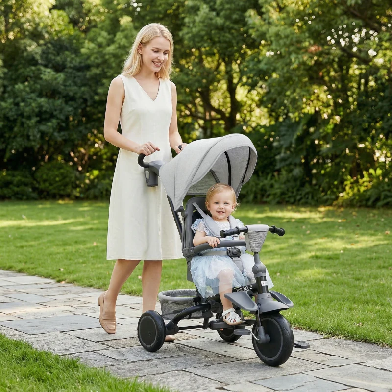 Qaba 6 in 1 Kids Tricycle with Adjustable Push Handle, Removable Canopy, Reversible Seat, for 1-5 Years, Gray