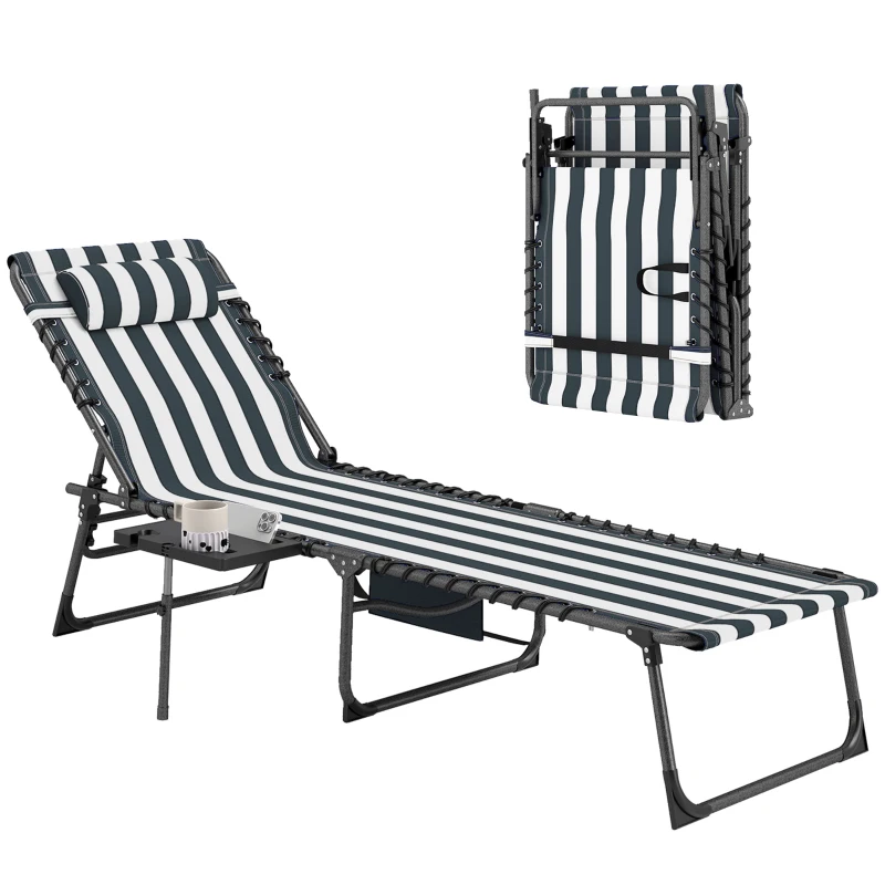 Outsunny Folding Outdoor Chaise Lounge Chair Tanning Chair with 5-Level Adjustable Back, Side Table, Pillow, Pocket, Blue White