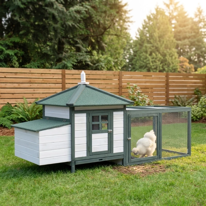 PawHut 77" Wooden Chicken Coop Hen House Poultry Cage with Weatherproof Roof, Nesting Box, Enclosed Run and Removable Tray for Outdoor Backyard, Green