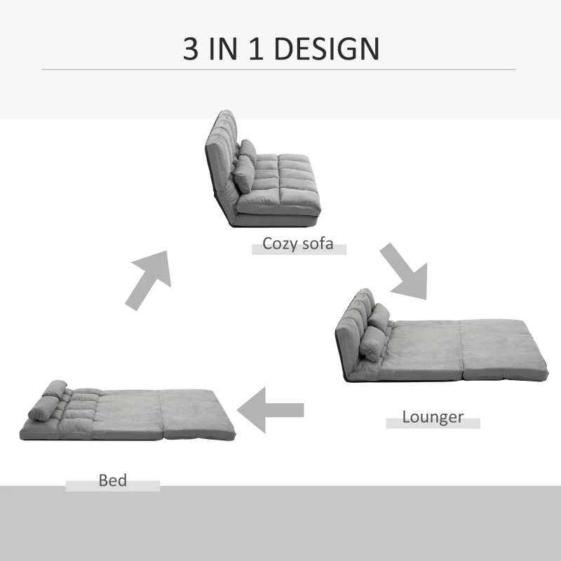 HOMCOM Convertible Floor Sofa Chair, Folding Couch Bed, Guest Chaise Lounge with 2 Pillows, Adjustable Backrest and Headrest, 51.25" L, Light Gray