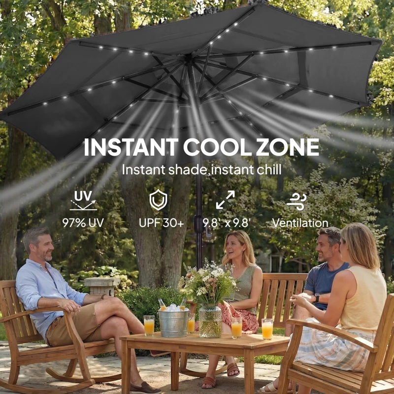 Outsunny 9.7 ft Outdoor Patio Umbrella with Solar LED Lights, 3 Tier Outdoor Table Umbrella with Tilt, Crank, Black