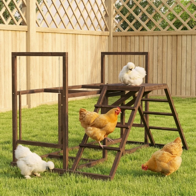 PawHut Chicken Activity Play Set with Multiple Chicken Perches, Swing, Ladder, Platform for 3-4 Chickens, Coffee