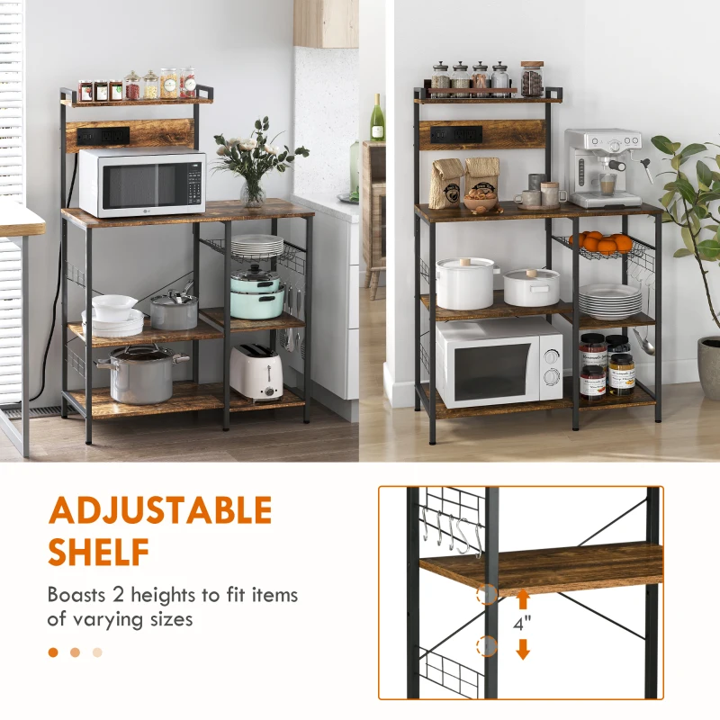 HOMCOM Kitchen Bakers Rack with Charge Station, Industrial Microwave Stand with Adjustable Shelf, 5 Hooks, Wire Basket