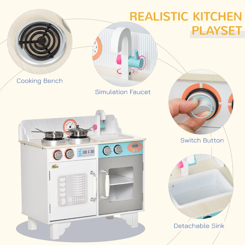 Qaba Wooden Pretend Play Kitchen with Sink, Clock, and Stove for Kids with Real Stainless Steel, Children Cooking Playset for 3-6 Years Old