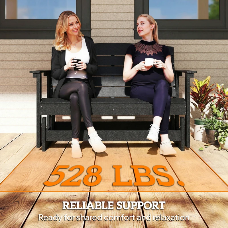 Outsunny Patio Glider Bench w/ HDPE Slatted Double Rocking Chair, Black