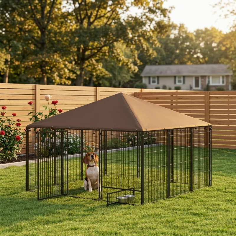 PawHut 6.9' x 6.9' x 5' Outdoor Dog Kennel with Canopy Garden Playpen Fence Crate Enclosure Cage Rotating Bowl, Coffee