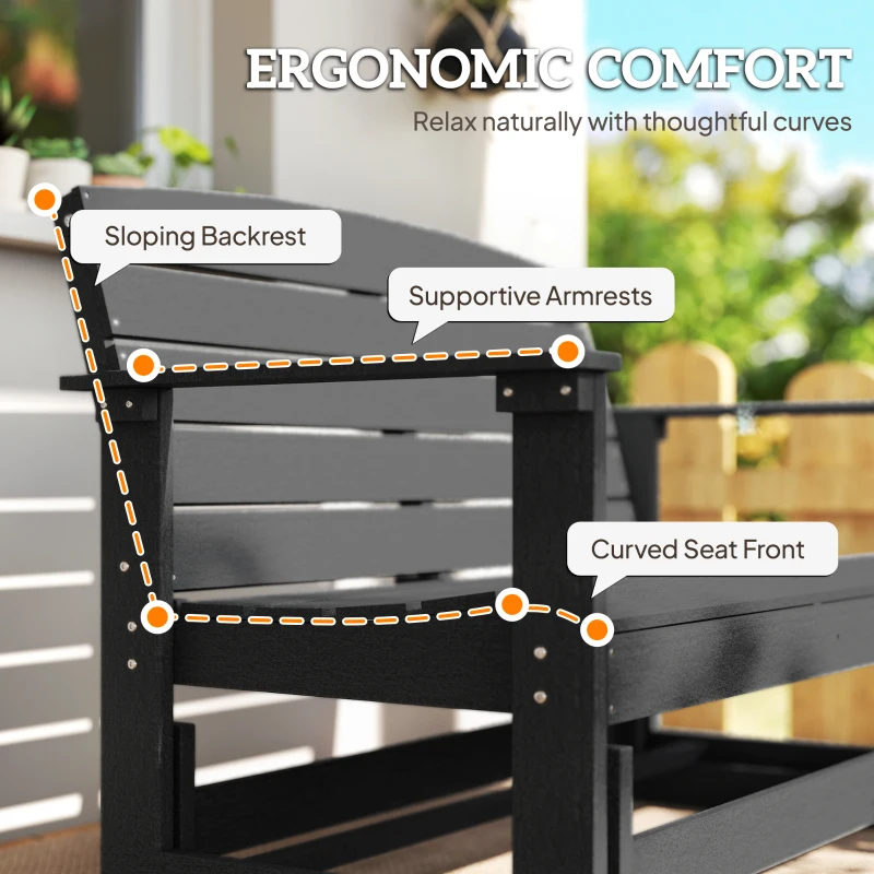 Outsunny Patio Glider Bench w/ HDPE Slatted Double Rocking Chair, Black
