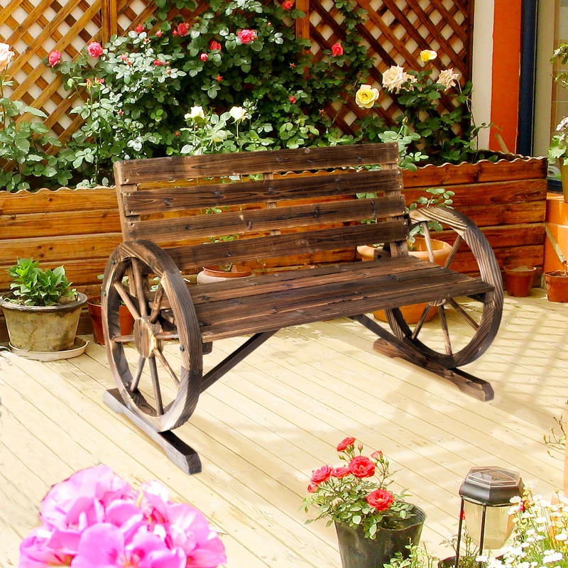 Outsunny 41" Wooden Wagon Wheel Bench, Rustic Outdoor Patio Bench Weather Resistance Furniture, 2-Person Slatted Seat with Backrest, Carbonized