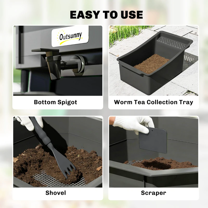 Outsunny 4-Tray Worm Composter Bin, 7.4 Gal Outdoor & Indoor Worm Composter for Recycling Food Waste, Black