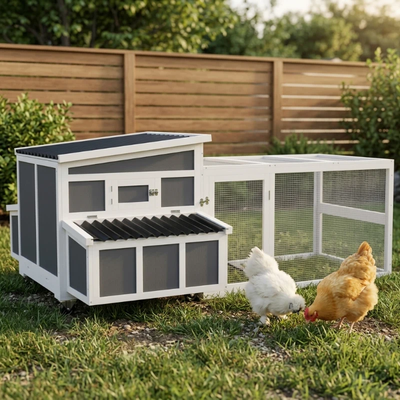 PawHut Wooden Chicken Coop with Nesting Box, Pull Out Tray, Run, Perches, Ramp, Windows for 6 Chickens, Dark Gray