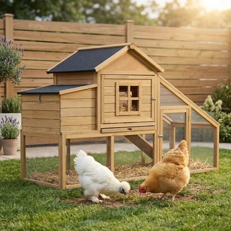 PawHut 69" Wooden Chicken Coop, Poultry Cage Hen House with Connecting Ramp, Tray, Ventilated Window and Nesting Box
